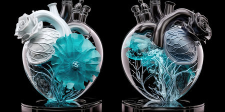 Beautiful glass anatomical heart in blue and white pastel colors. Generative AIの素材