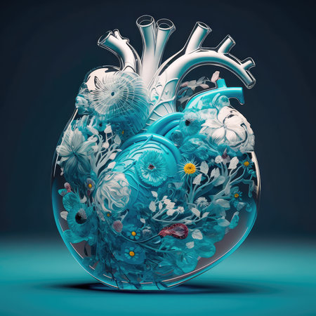 Beautiful glass anatomical heart in blue and white pastel colors. Generative AIの素材