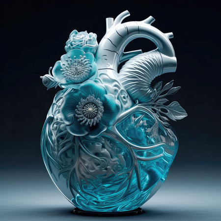 Beautiful glass anatomical heart in blue and white pastel colors. Generative AIの素材