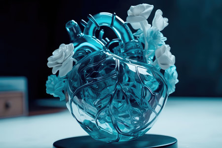 Beautiful glass anatomical heart in blue and white pastel colors. Generative AIの素材