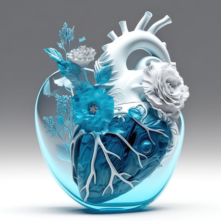 Beautiful glass anatomical heart in blue and white pastel colors. Generative AIの素材