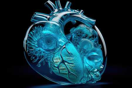 Beautiful glass anatomical heart in blue and white pastel colors. Generative AIの素材