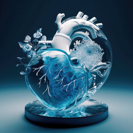 Beautiful glass anatomical heart in blue and white pastel colors. Generative AIの素材
