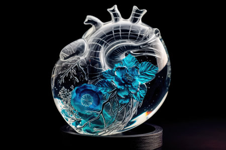 Beautiful glass anatomical heart in blue and white pastel colors. Generative AIの素材