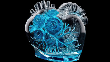 Beautiful glass anatomical heart in blue and white pastel colors. Generative AIの素材
