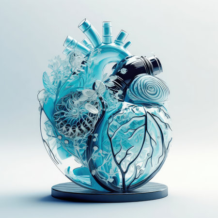 Beautiful glass anatomical heart in blue and white pastel colors. Generative AIの素材