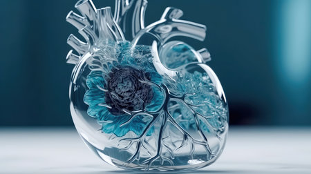 Beautiful glass anatomical heart in blue and white pastel colors. Generative AIの素材