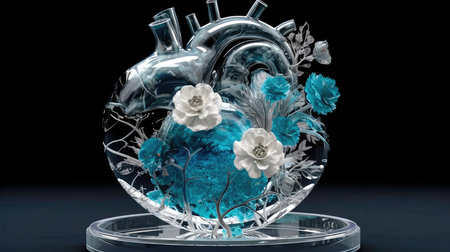 Beautiful glass anatomical heart in blue and white pastel colors. Generative AIの素材