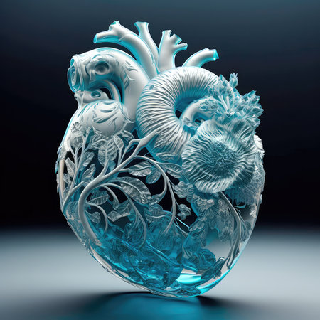 Beautiful glass anatomical heart in blue and white pastel colors. Generative AIの素材