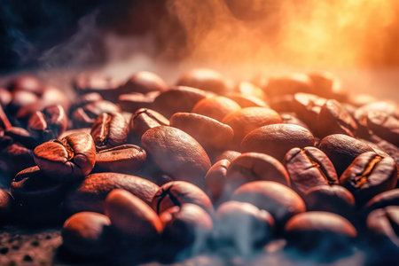 Freshly roasted coffee beans with smoke. Generative AIの素材