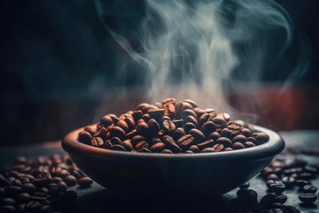 Freshly roasted coffee beans with smoke. Generative AIの素材