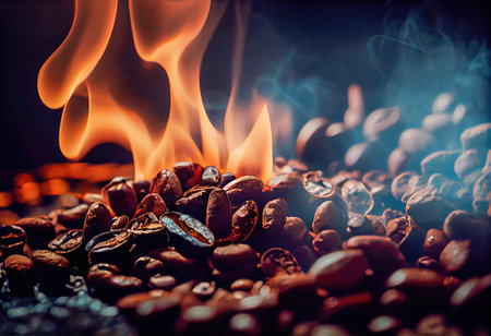 Freshly roasted coffee beans with smoke. Generative AIの素材