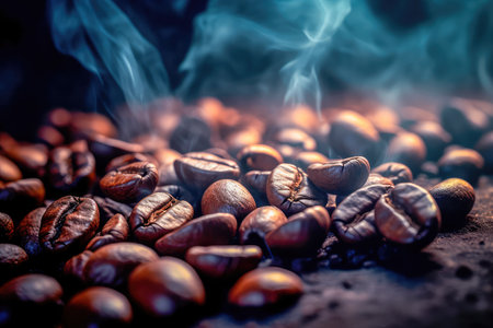 Freshly roasted coffee beans with smoke. Generative AIの素材
