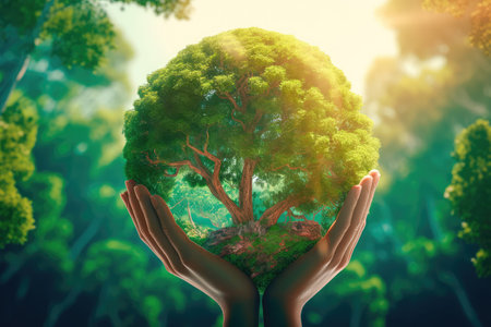 Hands holding a green tree globe on a summer background of tropical nature, the concept of ecology and the environment. Generative AIの素材