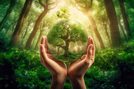 Hands holding a green tree globe on a summer background of tropical nature, the concept of ecology and the environment. Generative AIの素材