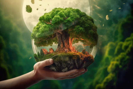 Hands holding a green tree globe on a summer background of tropical nature, the concept of ecology and the environment. Generative AIの素材