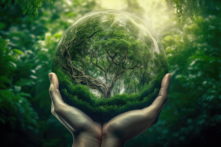 Hands holding a green tree globe on a summer background of tropical nature, the concept of ecology and the environment. Generative AIの素材