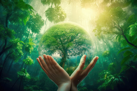 Hands holding a green tree globe on a summer background of tropical nature, the concept of ecology and the environment. Generative AIの素材