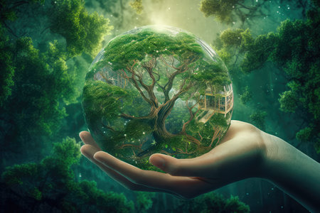 Hands holding a green tree globe on a summer background of tropical nature, the concept of ecology and the environment. Generative AIの素材