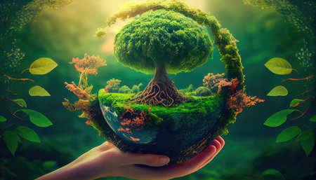 Hands holding a green tree globe on a summer background of tropical nature, the concept of ecology and the environment. Generative AIの素材