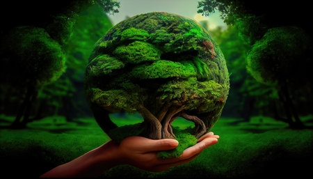 Hands holding a green tree globe on a summer background of tropical nature, the concept of ecology and the environment. Generative AIの素材