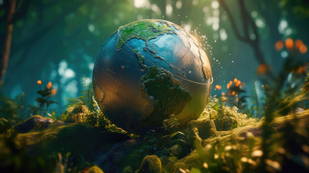 Globe in the moss in the forest on World Earth Day. Generative AIの素材