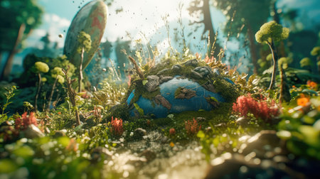 Globe in the moss in the forest on World Earth Day. Generative AIの素材