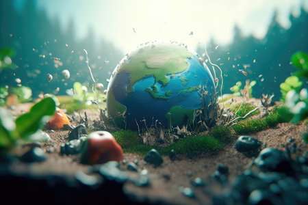 Globe in the moss in the forest on World Earth Day. Generative AIの素材
