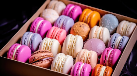 Set french cookies macaroon, pastel colors macaron dessert, sweet tasty cakes. Generative AIの素材