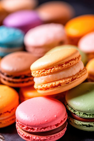 Set french cookies macaroon, pastel colors macaron dessert, sweet tasty cakes. Generative AIの素材
