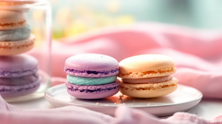 Set french cookies macaroon, pastel colors macaron dessert, sweet tasty cakes. Generative AIの素材