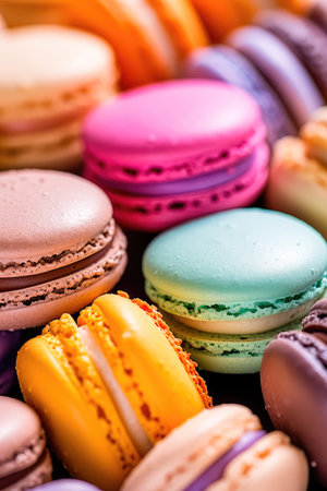 Set french cookies macaroon, pastel colors macaron dessert, sweet tasty cakes. Generative AIの素材