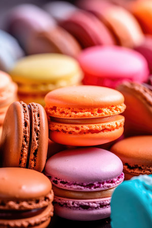 Set french cookies macaroon, pastel colors macaron dessert, sweet tasty cakes. Generative AIの素材