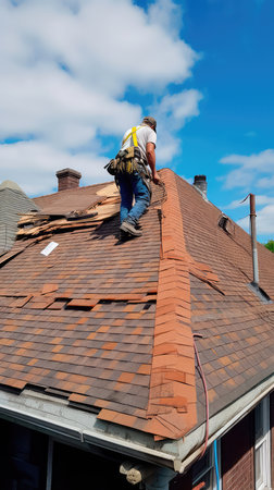 The master repairs the roof tiles of the house. Roofing, repair and renovation work. Generative AIの素材