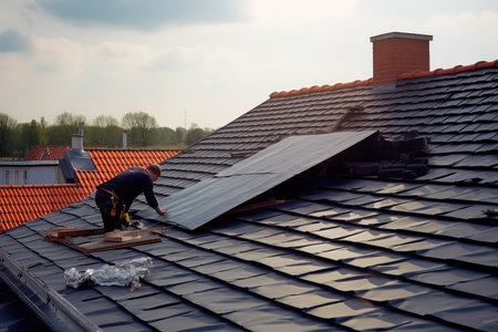 The master repairs the roof tiles of the house. Roofing, repair and renovation work. Generative AIの素材
