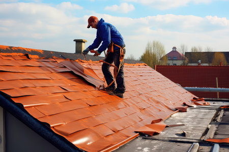 The master repairs the roof tiles of the house. Roofing, repair and renovation work. Generative AIの素材