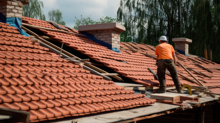The master repairs the roof tiles of the house. Roofing, repair and renovation work. Generative AIの素材