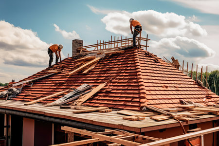 The master repairs the roof tiles of the house. Roofing, repair and renovation work. Generative AIの素材