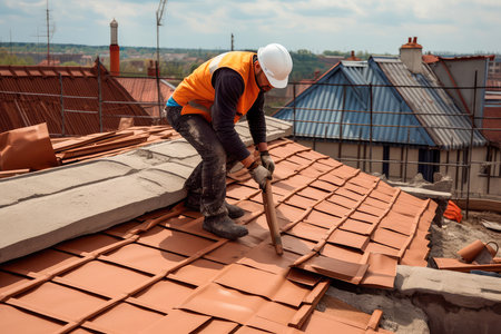 The master repairs the roof tiles of the house. Roofing, repair and renovation work. Generative AIの素材