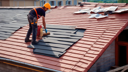 The master repairs the roof tiles of the house. Roofing, repair and renovation work. Generative AIの素材