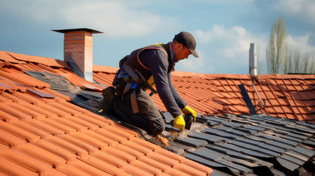 The master repairs the roof tiles of the house. Roofing, repair and renovation work. Generative AIの素材