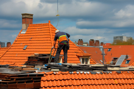 The master repairs the roof tiles of the house. Roofing, repair and renovation work. Generative AIの素材