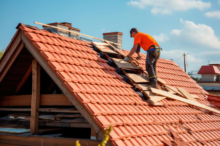 The master repairs the roof tiles of the house. Roofing, repair and renovation work. Generative AIの素材