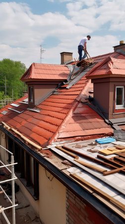 The master repairs the roof tiles of the house. Roofing, repair and renovation work. Generative AIの素材