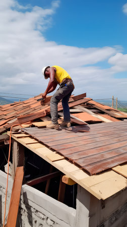 The master repairs the roof tiles of the house. Roofing, repair and renovation work. Generative AIの素材