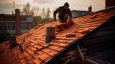 The master repairs the roof tiles of the house. Roofing, repair and renovation work. Generative AIの素材
