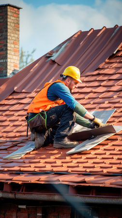 The master repairs the roof tiles of the house. Roofing, repair and renovation work. Generative AIの素材