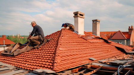 The master repairs the roof tiles of the house. Roofing, repair and renovation work. Generative AIの素材