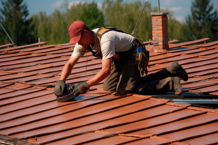 The master repairs the roof tiles of the house. Roofing, repair and renovation work. Generative AIの素材