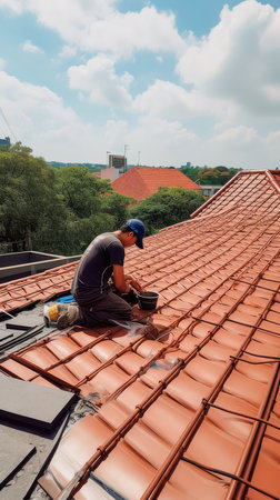 The master repairs the roof tiles of the house. Roofing, repair and renovation work. Generative AIの素材
